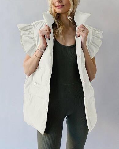 Valphsio Women's Ruffle Sleeve Puffer Vests Winter Button Down Padded Gilet with Pocket in Kuwait