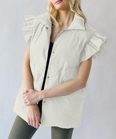 Valphsio Women's Ruffle Sleeve Puffer Vests Winter Button Down Padded Gilet with Pocket in Kuwait