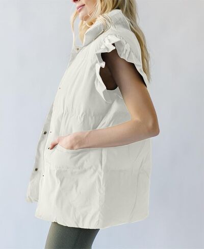 Valphsio Women's Ruffle Sleeve Puffer Vests Winter Button Down Padded Gilet with Pocket in Kuwait