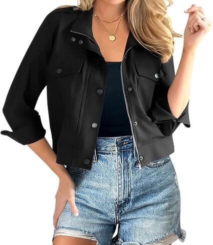 سترات نسائية قصيرة كاجوال من Fessceruna بسحاب وأزرار سفلية خفيفة الوزن معطف أنوراك خارجي مع جيوب in Kuwait