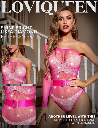 Loviqueen Women's Lingerie Sexy Fishnet Bodysuit 2 Piece Sparkle Rhinestone Gift a Belt in Saudi Arabia