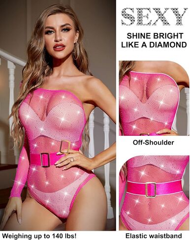 Loviqueen Women's Lingerie Sexy Fishnet Bodysuit 2 Piece Sparkle Rhinestone Gift a Belt in Saudi Arabia