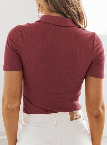 Dokotoo Womens Polo Shirts Short Sleeve V Neck Collared Basic Slim Fit Shirt Cute Summer Tops Ribbed Knit T Shirt in Kuwait
