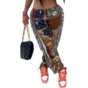 NIFTRIRY Women Hippie Tassel Pattern Printing Elastic Pants Folk Style Ninth Straight Pants Party Music Festival Wear