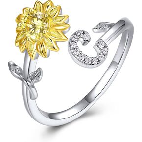 PEARLOVE Sterling Silver initial Ring Sunshine Sunflower CZ Stackable A-Z Open Rings for Women Adjustable Size 6-12