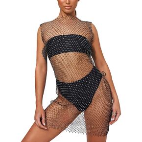 Women’s Mesh See through Swimsuit Cover Up Rhinestone Fishnet Skirts Beach Wrap Bikini Hollow Out Tank Mini Dress for Swimwea in Saudi Arabia
