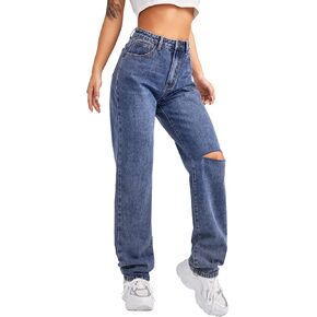 SweatyRocks Women's High Waist Slant Pocket Denim Jeans Ripped Straight Leg Pants