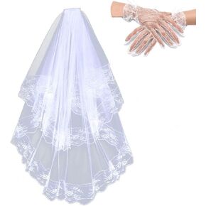 TOPOQ Black Veil and Gloves Black Wedding Veil with Comb Funeral Veil Halloween Costume Veil Fancy Dress for Cosplay Party