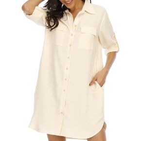 LUSMAY Women's Long Sleeve V Neck Button Down Shirt Dresses Casual Summer Dress with Pocket