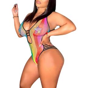 Women Rave Rainbow Striped Push Up Swimsuit Bikini See Through Mesh Bodysuit Beachwear for Dance Festivals in Saudi Arabia