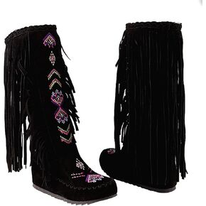 Inornever Knee High Boots for Women Moccasins Embroidered Fringe Booties Cowboy Winter Comfortable Warm Vintage Flat Heel Cowgirl Western Suede Long Snow Tassel Boots in Saudi Arabia