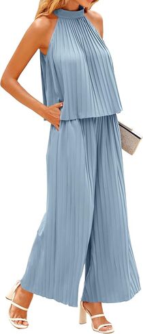 dowerme Women's 2 Piece Outfits 2023 Halter Neck Sleeveless Flowy Tie Back Top Long Wide Leg Pant Set Loose Pleated Suit in Kuwait