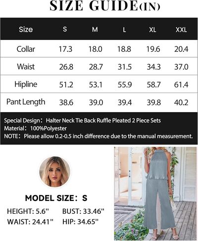 dowerme Women's 2 Piece Outfits 2023 Halter Neck Sleeveless Flowy Tie Back Top Long Wide Leg Pant Set Loose Pleated Suit in Kuwait