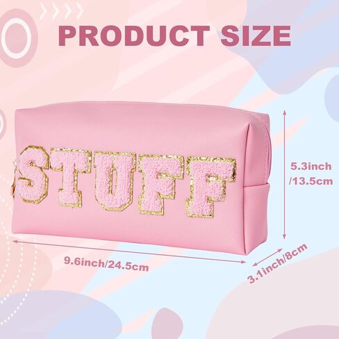 Burskit Stuff Bag Preppy Travel Makeup Bag Organizer Patch Large Varsity Stoney Clover Chenille Letter Cosmetic Toiletry Nylon Cute Preppy Bags PU Leather Waterproof Portable Pouch Storage Purse in Kuwait