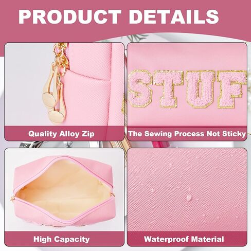 Burskit Stuff Bag Preppy Travel Makeup Bag Organizer Patch Large Varsity Stoney Clover Chenille Letter Cosmetic Toiletry Nylon Cute Preppy Bags PU Leather Waterproof Portable Pouch Storage Purse in Kuwait