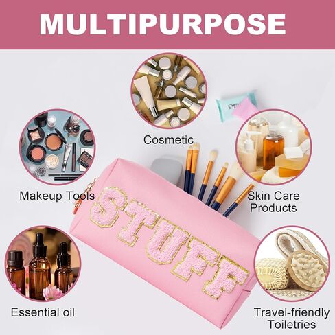 Burskit Stuff Bag Preppy Travel Makeup Bag Organizer Patch Large Varsity Stoney Clover Chenille Letter Cosmetic Toiletry Nylon Cute Preppy Bags PU Leather Waterproof Portable Pouch Storage Purse in Kuwait