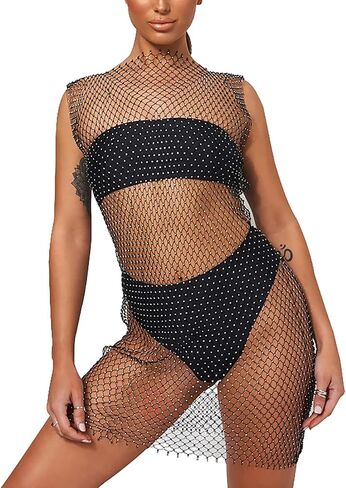 Women’s Mesh See through Swimsuit Cover Up Rhinestone Fishnet Skirts Beach Wrap Bikini Hollow Out Tank Mini Dress for Swimwea in Saudi Arabia