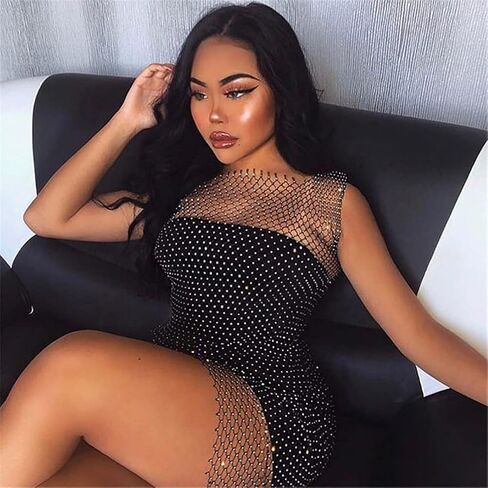 Women’s Mesh See through Swimsuit Cover Up Rhinestone Fishnet Skirts Beach Wrap Bikini Hollow Out Tank Mini Dress for Swimwea in Saudi Arabia
