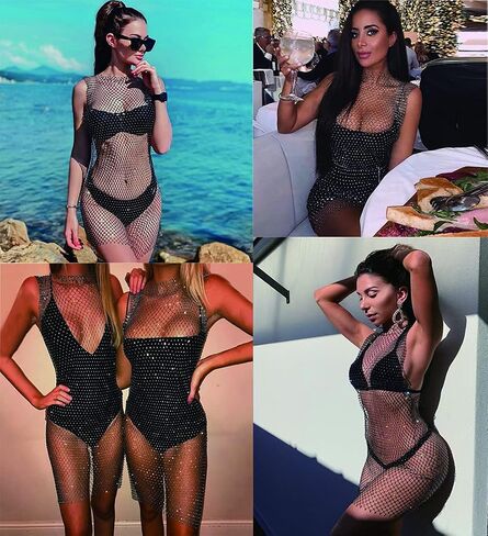 Women’s Mesh See through Swimsuit Cover Up Rhinestone Fishnet Skirts Beach Wrap Bikini Hollow Out Tank Mini Dress for Swimwea in Saudi Arabia