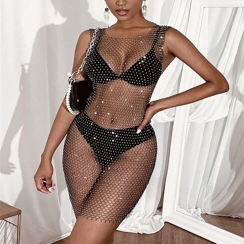 Women’s Mesh See through Swimsuit Cover Up Rhinestone Fishnet Skirts Beach Wrap Bikini Hollow Out Tank Mini Dress for Swimwea in Saudi Arabia