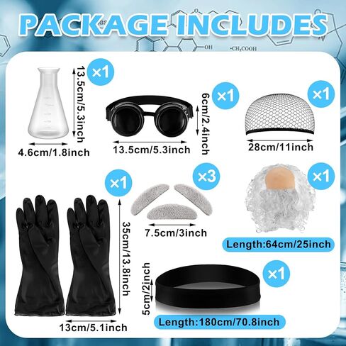 Jiuguva 9 Pcs Halloween Mad Scientist Costume for Adult Men including Coat Belt Beaker Gloves Goggles Wig Mustache Eyebrows (Long Curly Style,Medium) in Kuwait