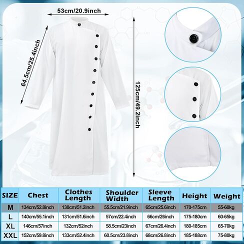 Jiuguva 9 Pcs Halloween Mad Scientist Costume for Adult Men including Coat Belt Beaker Gloves Goggles Wig Mustache Eyebrows (Long Curly Style,Medium) in Kuwait