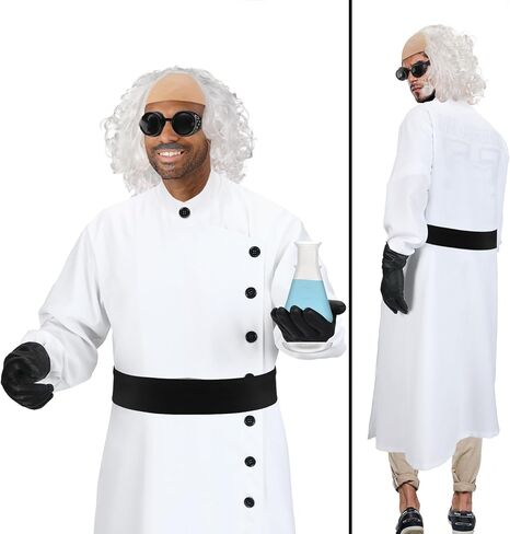 Jiuguva 9 Pcs Halloween Mad Scientist Costume for Adult Men including Coat Belt Beaker Gloves Goggles Wig Mustache Eyebrows (Long Curly Style,Medium) in Kuwait
