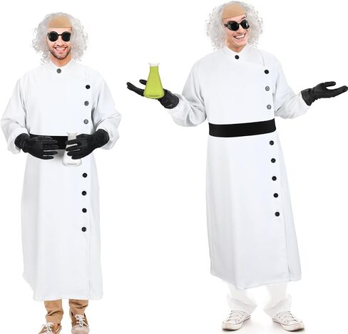 Jiuguva 9 Pcs Halloween Mad Scientist Costume for Adult Men including Coat Belt Beaker Gloves Goggles Wig Mustache Eyebrows (Long Curly Style,Medium) in Kuwait