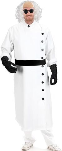 Jiuguva 9 Pcs Halloween Mad Scientist Costume for Adult Men including Coat Belt Beaker Gloves Goggles Wig Mustache Eyebrows (Long Curly Style,Medium) in Kuwait