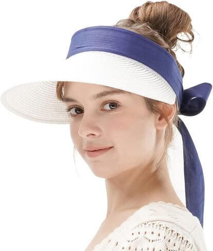 Naforet Womens Sun Hat Sun Visor Tie Back Straw Wide Brim Roll-up Sun Hat Adjustable Packable, Designed in Korea in Saudi Arabia