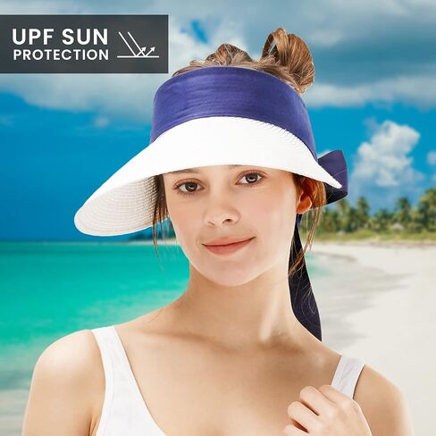 Naforet Womens Sun Hat Sun Visor Tie Back Straw Wide Brim Roll-up Sun Hat Adjustable Packable, Designed in Korea in Saudi Arabia