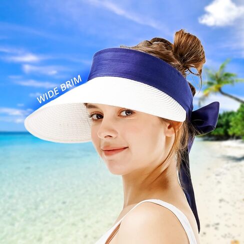 Naforet Womens Sun Hat Sun Visor Tie Back Straw Wide Brim Roll-up Sun Hat Adjustable Packable, Designed in Korea in Saudi Arabia