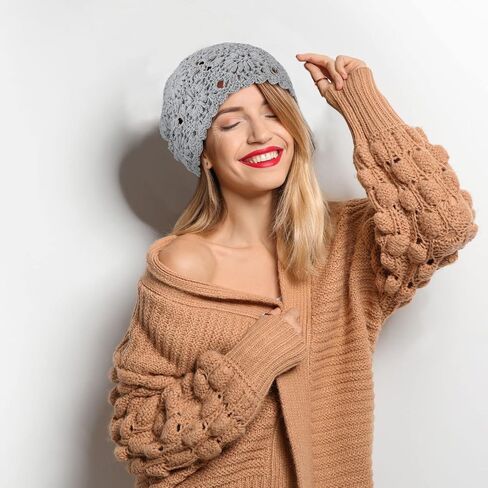 2 Pieces Floral Crochet Slouchy Beanie Hat Handmade Knit Cutout Women Floral Skull Cap Stretchy Knitted Crochet Hat for Women in Kuwait