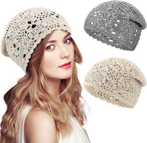 2 Pieces Floral Crochet Slouchy Beanie Hat Handmade Knit Cutout Women Floral Skull Cap Stretchy Knitted Crochet Hat for Women in Kuwait