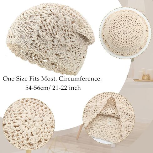 2 Pieces Floral Crochet Slouchy Beanie Hat Handmade Knit Cutout Women Floral Skull Cap Stretchy Knitted Crochet Hat for Women in Kuwait