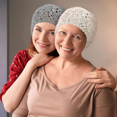 2 Pieces Floral Crochet Slouchy Beanie Hat Handmade Knit Cutout Women Floral Skull Cap Stretchy Knitted Crochet Hat for Women in Kuwait