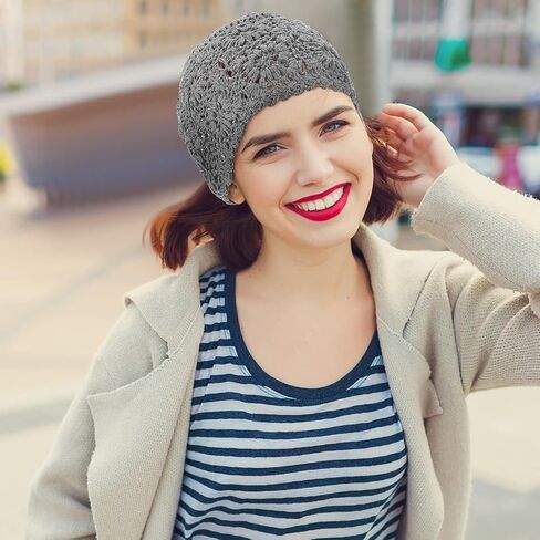 2 Pieces Floral Crochet Slouchy Beanie Hat Handmade Knit Cutout Women Floral Skull Cap Stretchy Knitted Crochet Hat for Women in Kuwait