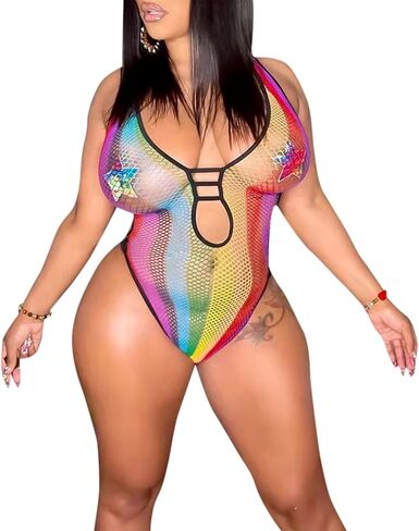Women Rave Rainbow Striped Push Up Swimsuit Bikini See Through Mesh Bodysuit Beachwear for Dance Festivals in Kuwait