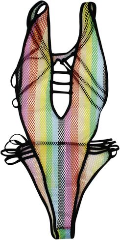 Women Rave Rainbow Striped Push Up Swimsuit Bikini See Through Mesh Bodysuit Beachwear for Dance Festivals in Kuwait