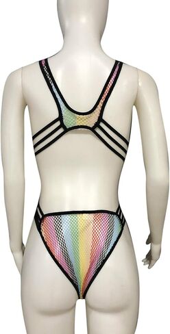 Women Rave Rainbow Striped Push Up Swimsuit Bikini See Through Mesh Bodysuit Beachwear for Dance Festivals in Kuwait