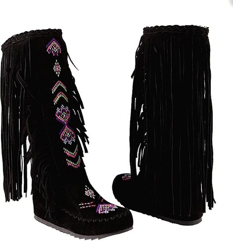 Inornever Knee High Boots for Women Moccasins Embroidered Fringe Booties Cowboy Winter Comfortable Warm Vintage Flat Heel Cowgirl Western Suede Long Snow Tassel Boots in Saudi Arabia