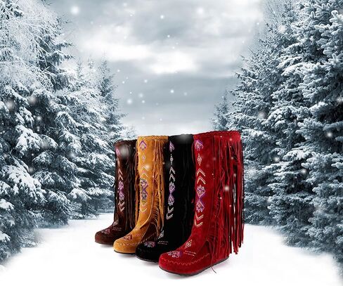 Inornever Knee High Boots for Women Moccasins Embroidered Fringe Booties Cowboy Winter Comfortable Warm Vintage Flat Heel Cowgirl Western Suede Long Snow Tassel Boots in Saudi Arabia