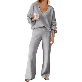 MEROKEETY Women's 2 Piece Outfits Long Sleeve V Neck Knit Pullover Tops and Wide Leg Pant Lounge Set in Saudi Arabia