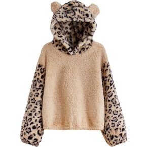 WDIRARA Girl's Leopard Long Sleeve Fuzzy Flannel Hoodie Warm Pullover Sweatshirt