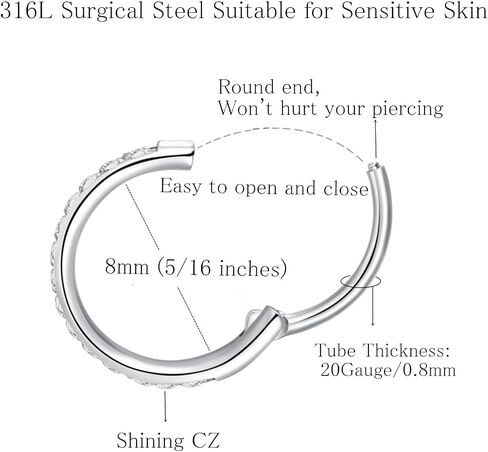 ORANGELOVE 20G 18G 16G واضح تشيكوسلوفاكيا الأنف الدائري هوب 316L الجراحية الصلب سلس الفضة الحاجز الدائري الفرس مجوهرات الغضروف القرط الأذن ثقب هوب أقراط للنساء الرجال اللولب روك الفص محارة الزنمة Daith الشفاه يتوقف ثقب المجوهرات مع زركونيا مكعب in Kuwait