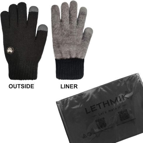 LETHMIK Kids Touchscreen Knit Gloves,Winter Solid Black Children Warm Thick Fleece Lining Gloves in Kuwait