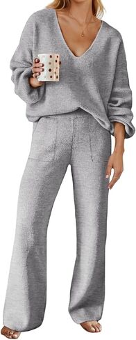 MEROKEETY Women's 2 Piece Outfits Long Sleeve V Neck Knit Pullover Tops and Wide Leg Pant Lounge Set in Saudi Arabia