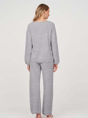 MEROKEETY Women's 2 Piece Outfits Long Sleeve V Neck Knit Pullover Tops and Wide Leg Pant Lounge Set in Saudi Arabia