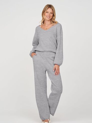 MEROKEETY Women's 2 Piece Outfits Long Sleeve V Neck Knit Pullover Tops and Wide Leg Pant Lounge Set in Saudi Arabia