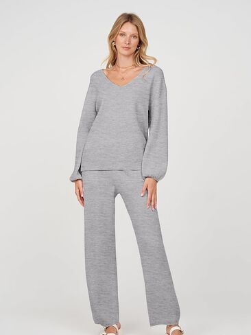 MEROKEETY Women's 2 Piece Outfits Long Sleeve V Neck Knit Pullover Tops and Wide Leg Pant Lounge Set in Saudi Arabia